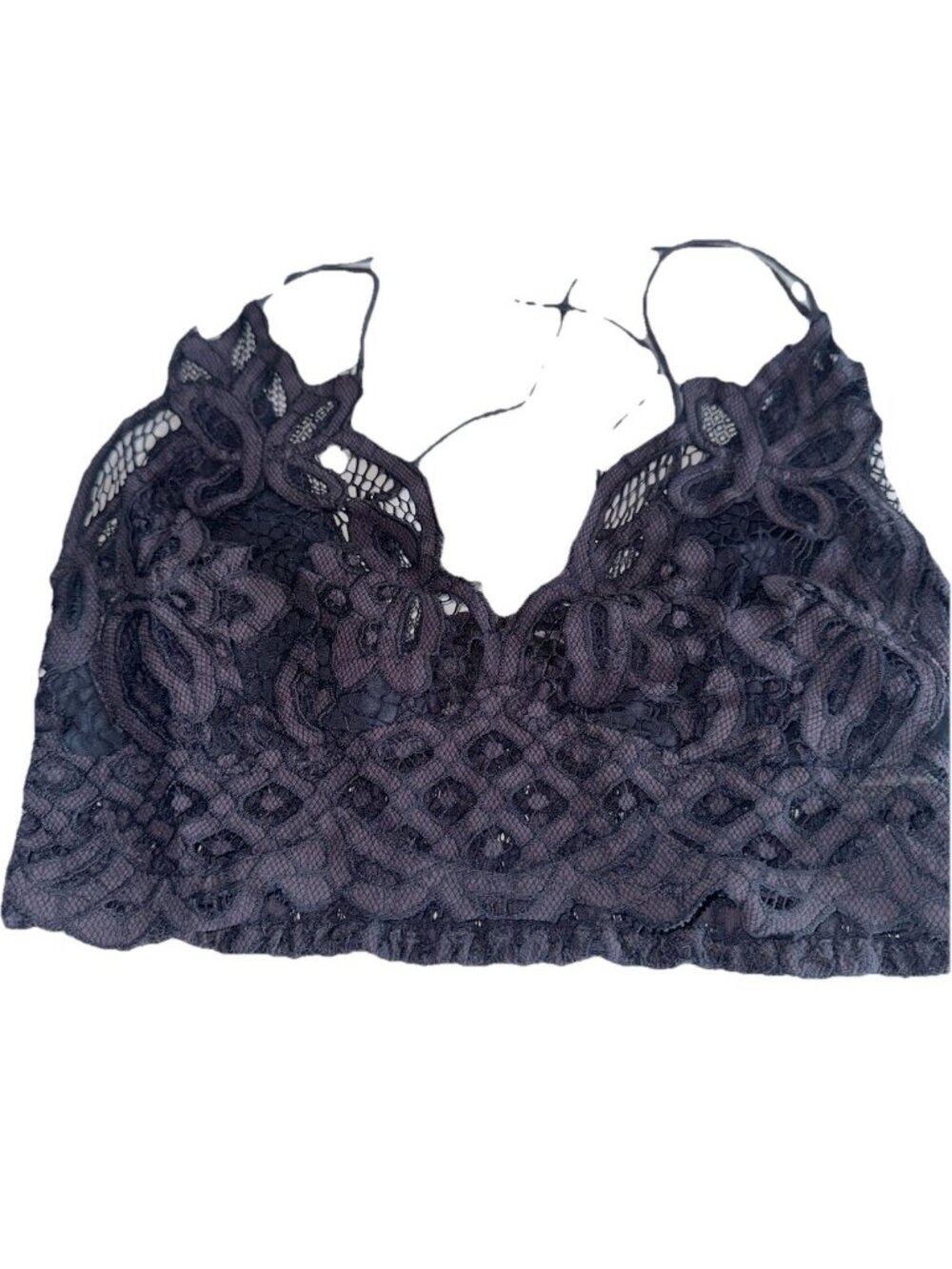 Free People FP One Adella Bralette Crop Top Embroidered Lace Navy Sz L Boho